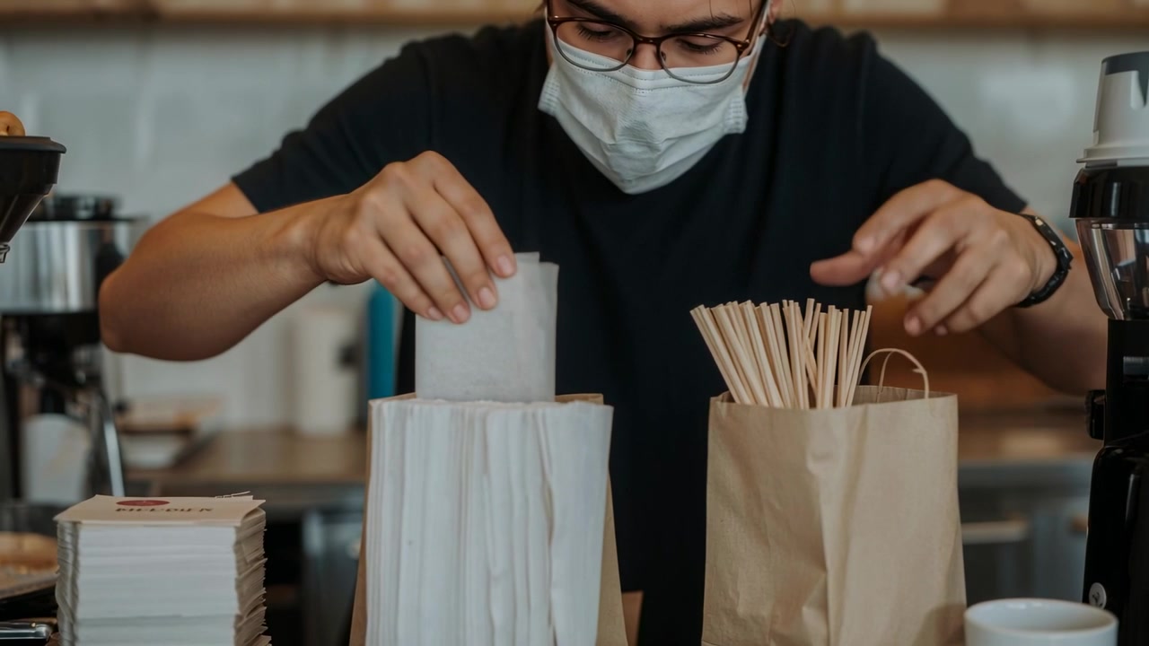 Reaching barista in mask dark tee placing napkins into bag at counter sorting stirrers for takeaway