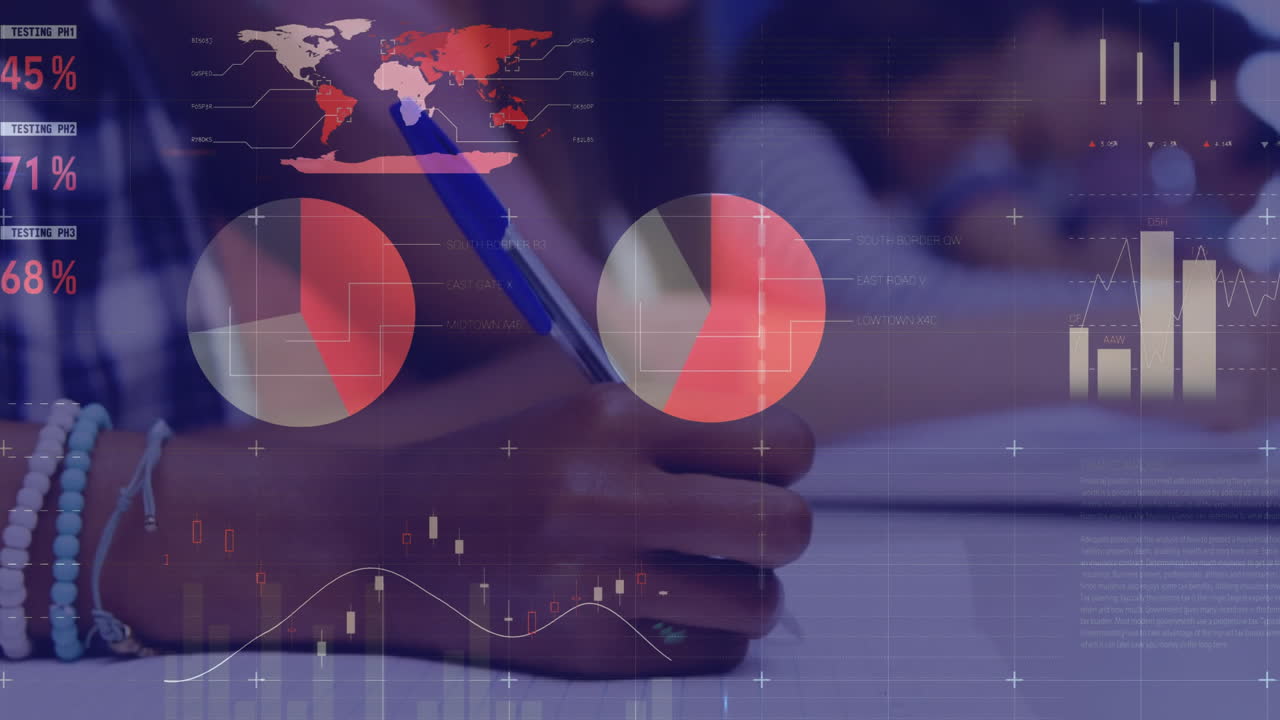 Animation af behandling af finansielle data over forskellige skolebørn, der skriver i notesbog