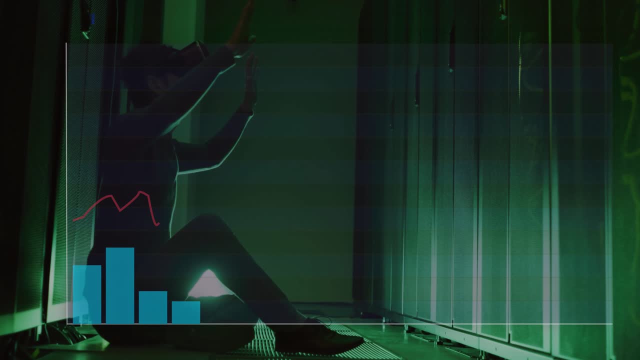 Man lifting arm in data center, starting 3D bar chart for analysis, adjusting bars, trend line