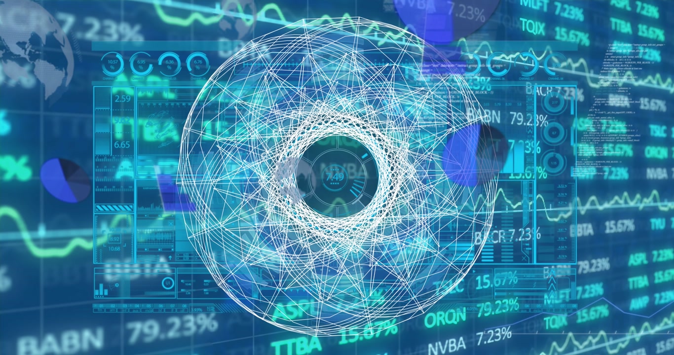 Animation of abstract geometric shape over interface with stock market data processing