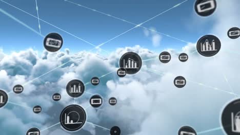 network of digital icons against clouds in the sky