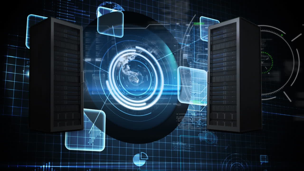 Scope scanning over two computer server and spinning globe and data processing on blue background