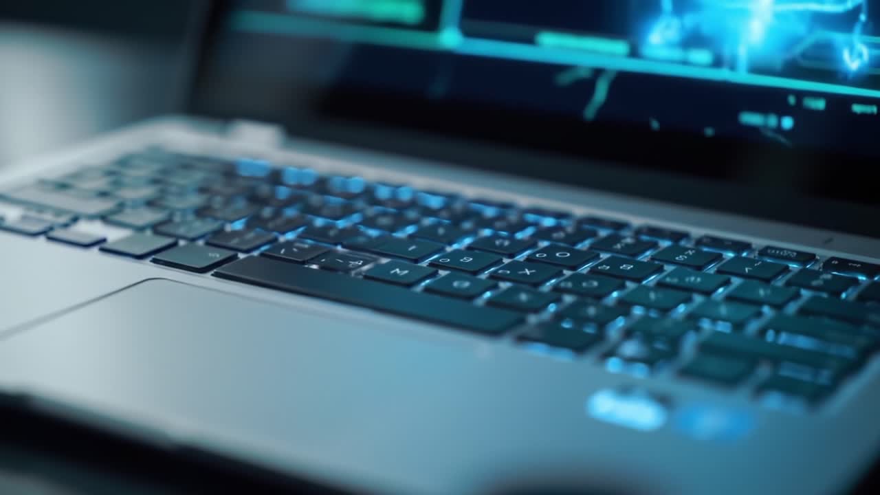 Close-Up View of a Modern Laptop Keyboard with Illuminated Keys and High-Tech Screen Display, Featuring Dynamic Graphics and Interfaces