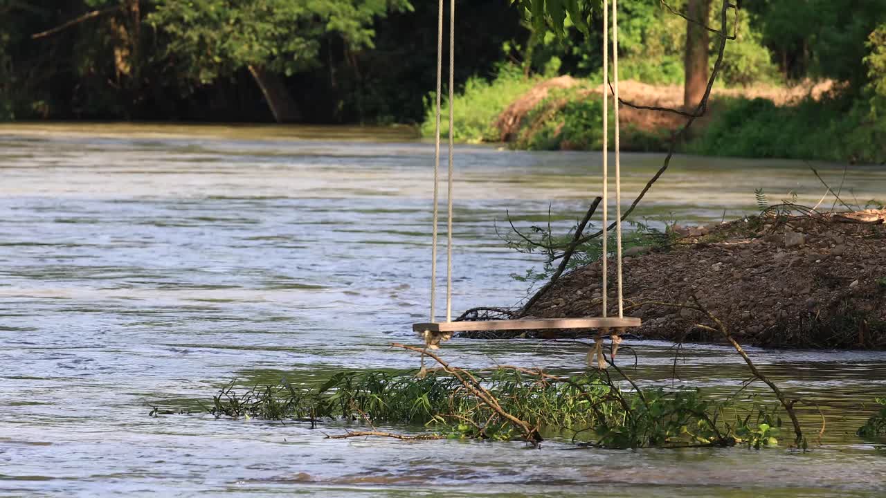 4k de un fondo de río con columpio de cuerda colgando de un árbol