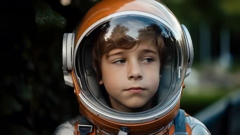 Close up of a thoughtful young boy wearing an astronaut helmet, gazing into the distance, possibly dreaming of future space exploration and adventures among the stars