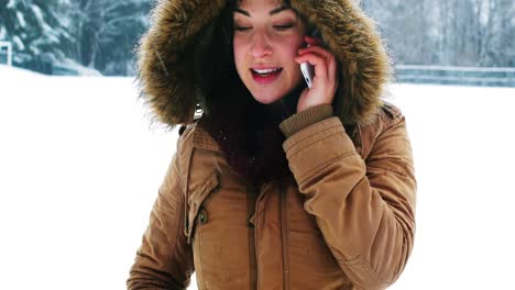 smiling woman in fur jacket talking on mobile phone