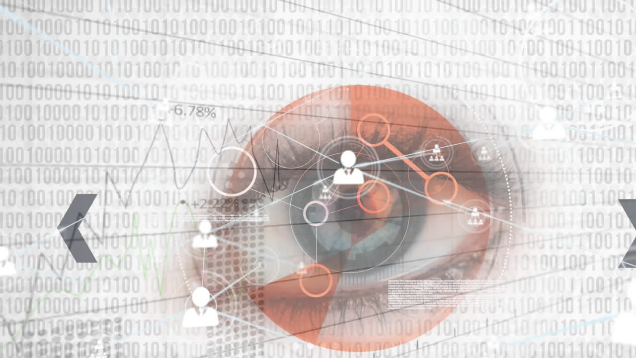 animación de la red de conexiones con iconos y procesamiento de datos sobre el ojo de una mujer caucásica