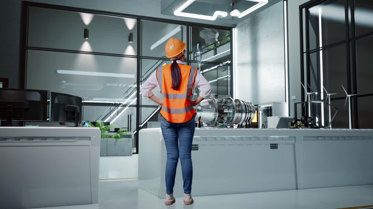 Kvindelig ingeniør inspicerer industrimaskineri på et moderne anlæg