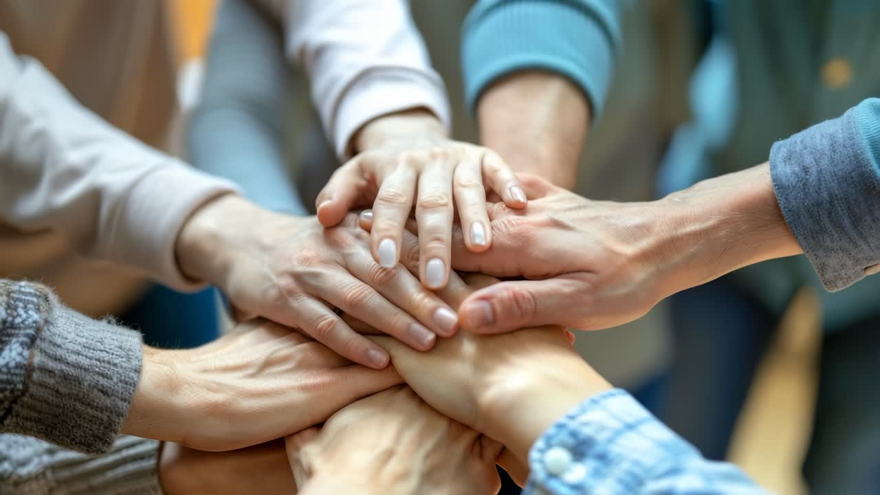 Top-down view of diverse hands stacked together, symbolizing teamwork and unity
