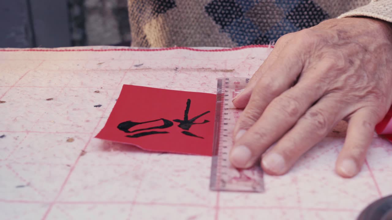Close-up of a senior artist carefully writing a bold Chinese character with a brush and black ink on red paper, using a transparent ruler for alignment on a marked calligraphy mat