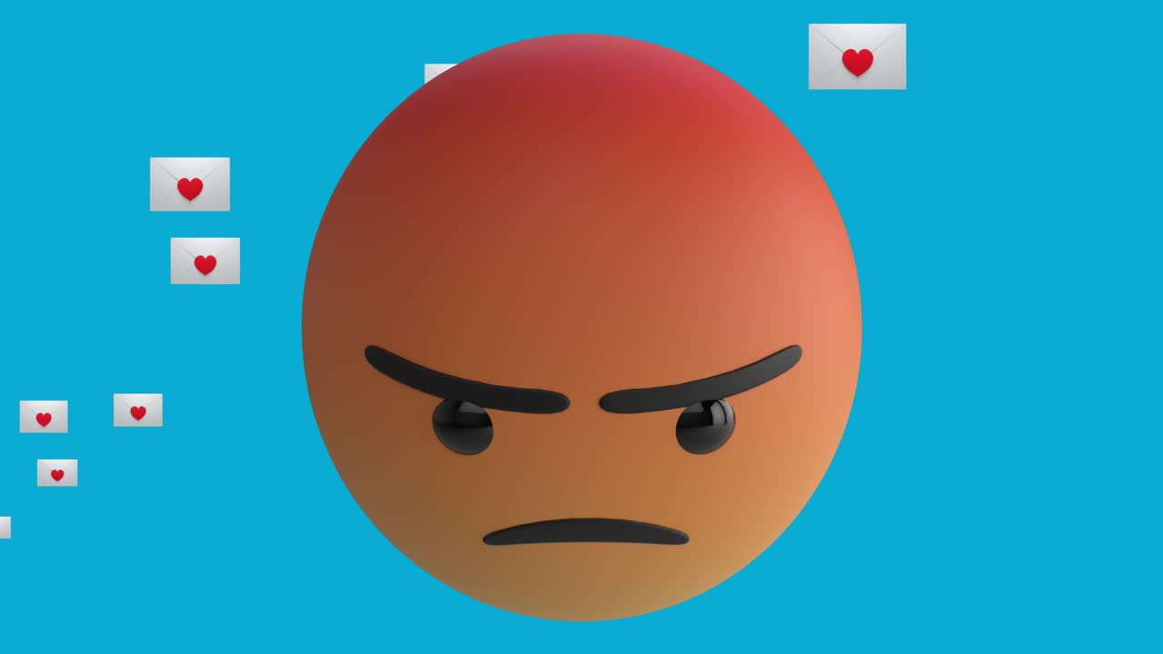 Animation of angry emoji icon with red heart icons on blue background