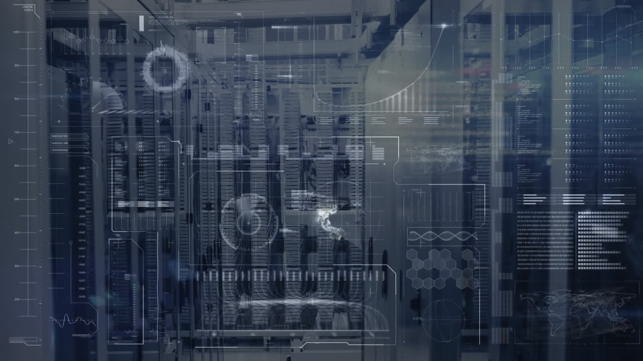 Data processing and network connections animation over server racks in data center