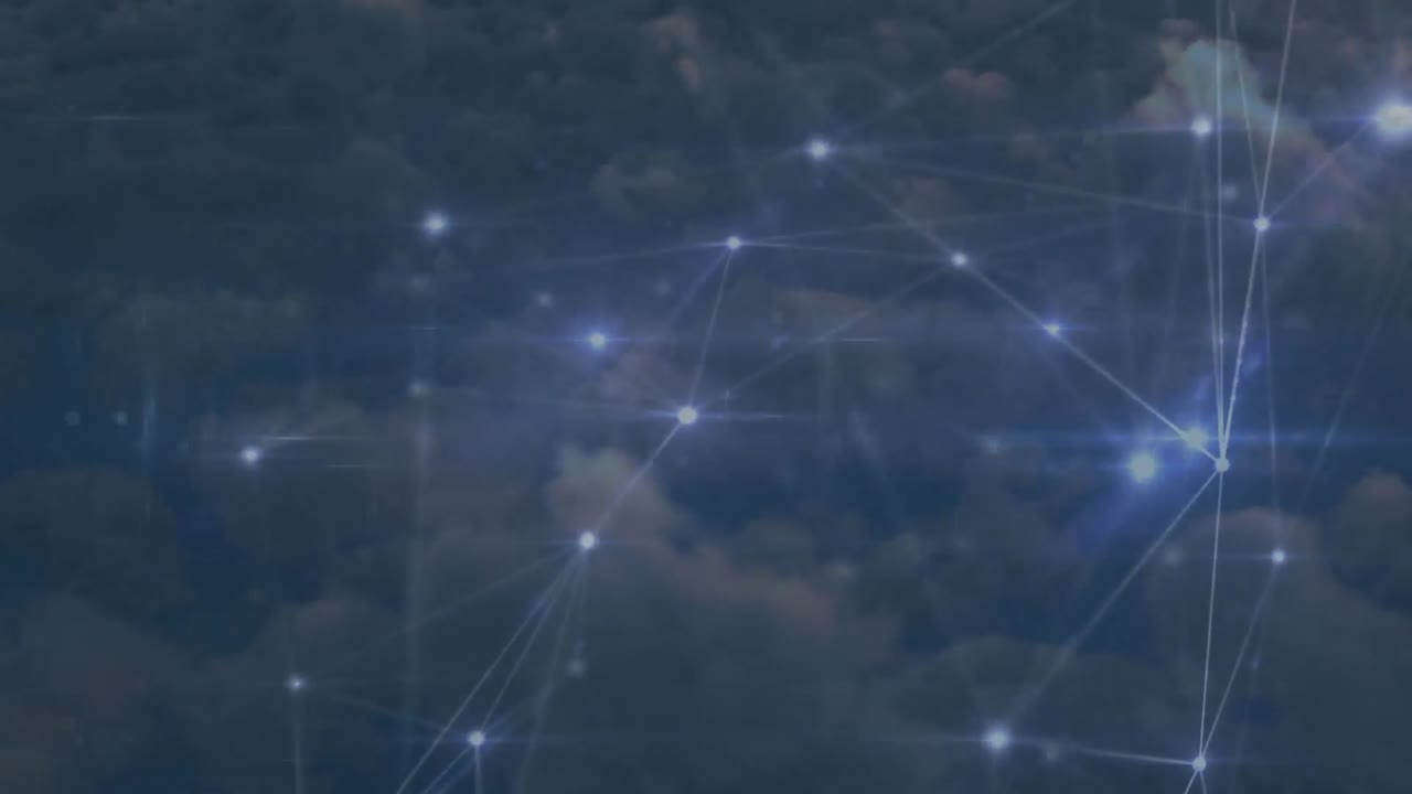Animation of network of connections over clouds in background