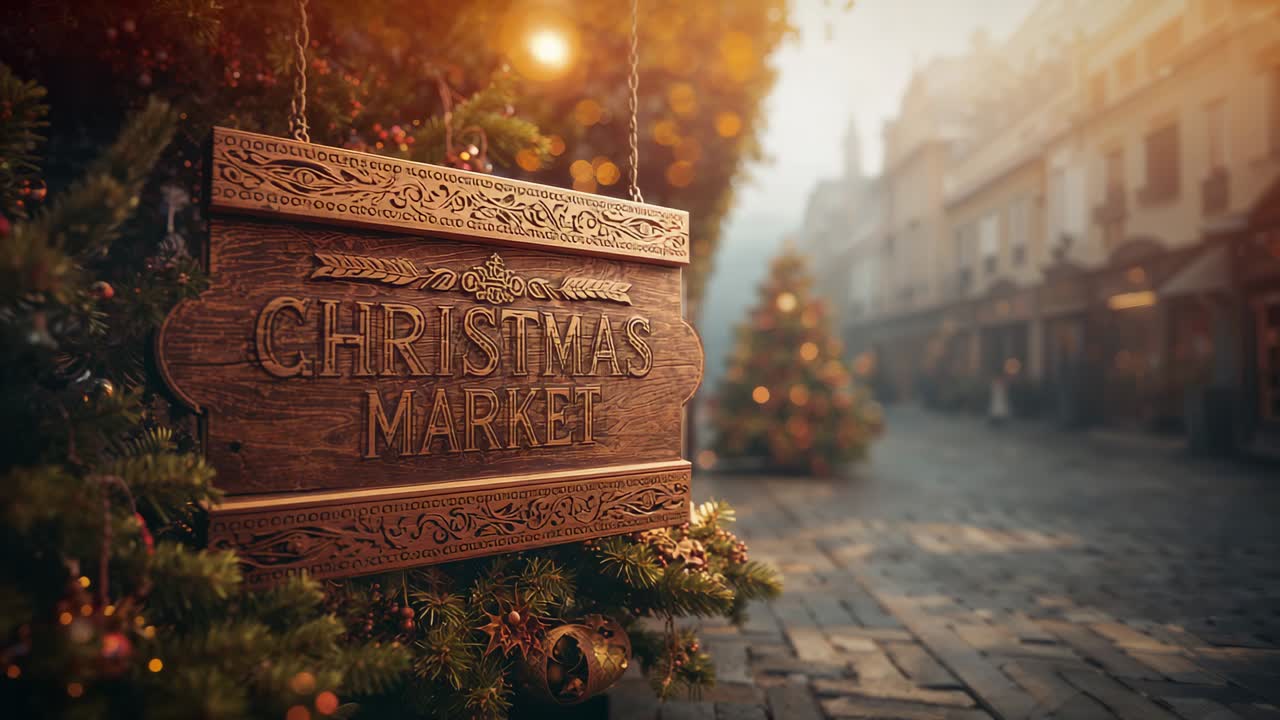 Camera shifting focus revealing Christmas market street, wooden sign swinging, shoppers strolling