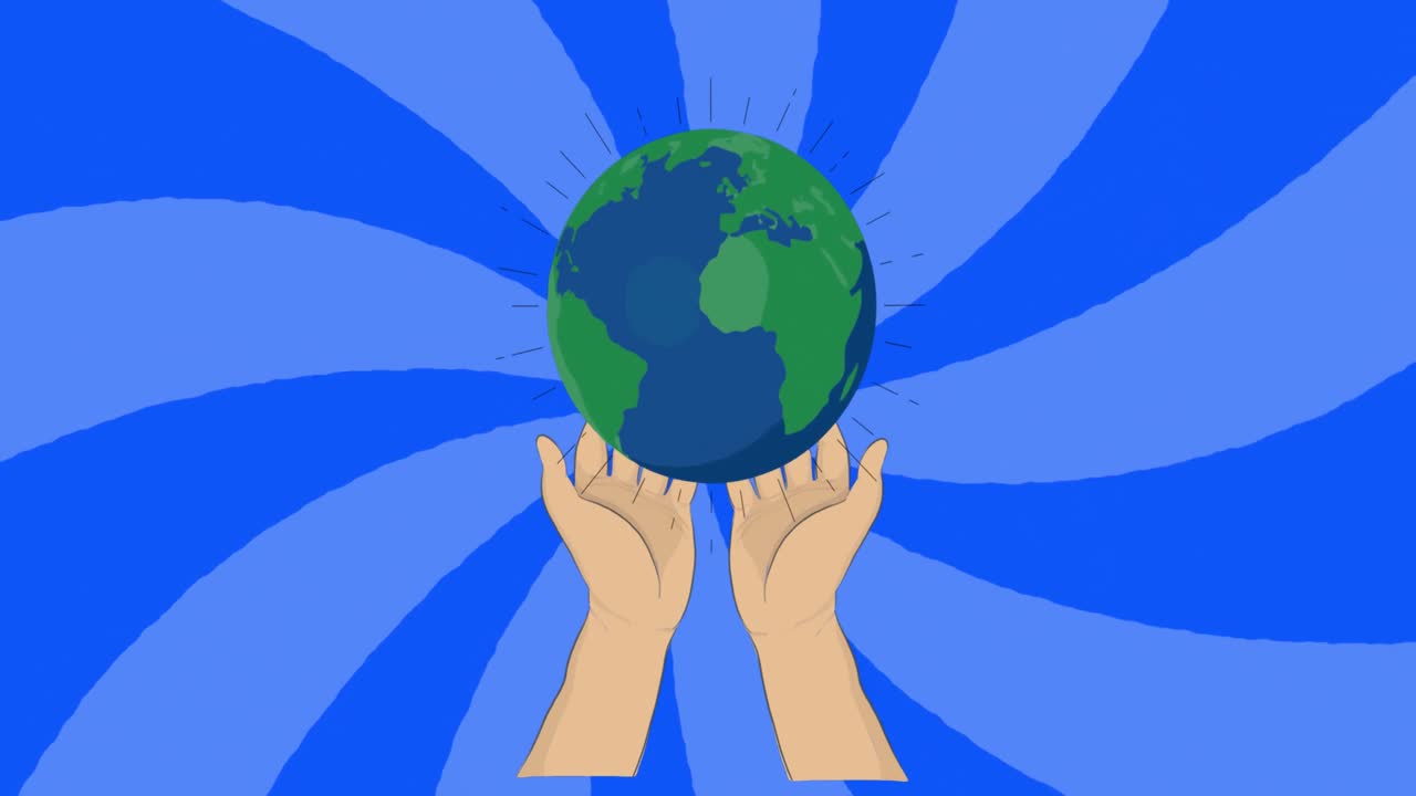animación de manos sosteniendo un globo en un fondo azul en espiral