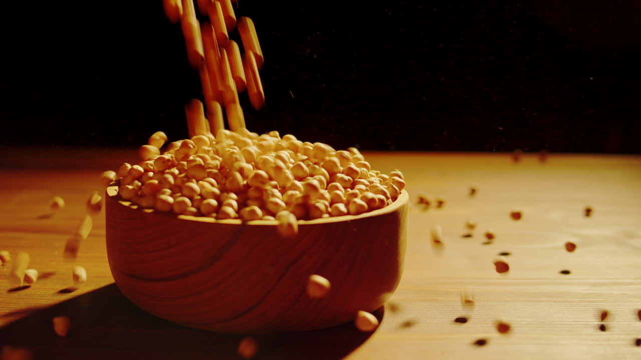 Chickpeas Pouring into a Wooden Bowl