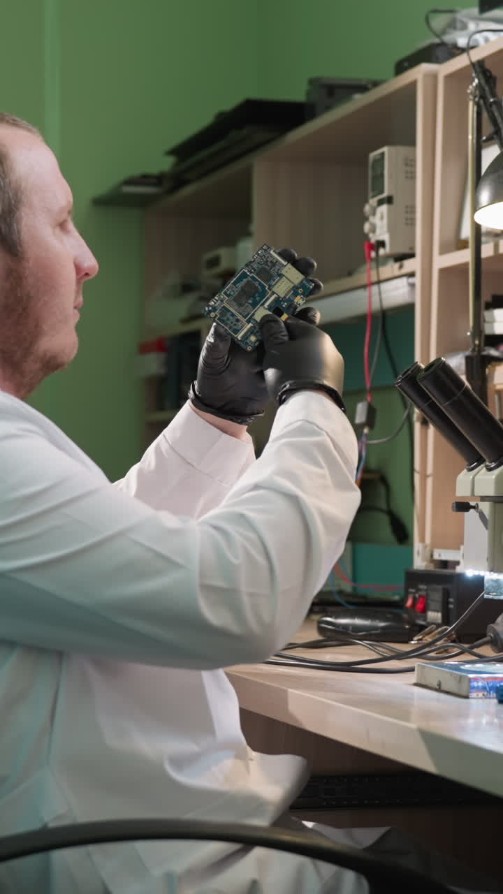 una vista de cerca de un técnico en una bata blanca de laboratorio inspeccionando una placa de circuito. el técnico examina la placa de circuito bajo un microscopio con varios equipos en los estantes