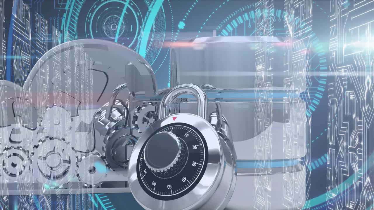 데이터베이스 서버와 마이크로프로세서 연결은 파란색 배경에 네온 라운드 스캐너에 대항합니다.