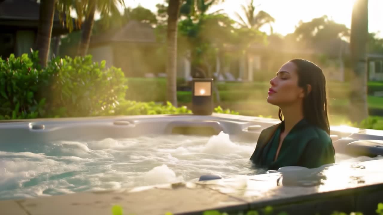 Enjoy a serene moment as a woman relaxes in a hot tub enveloped by nature during the golden glow of sunset. The tranquil atmosphere promotes peace and calm.