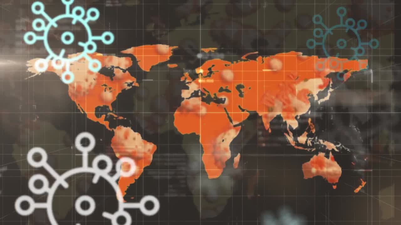 Animazione di cellule COVID e elaborazione dati su una mappa del mondo.