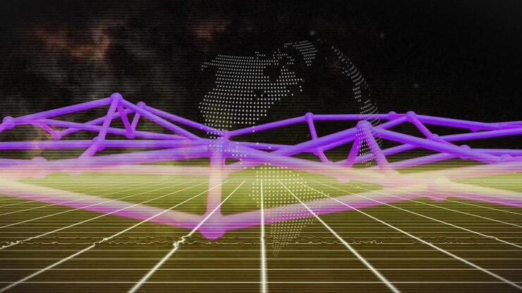 After grid receding, purple wireframe mesh undulating and extending forward showing network growth