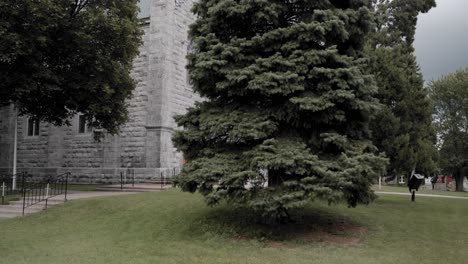 Wenn-Man-Hinter-Einer-Kiefer-über-Den-Rasen-Geht,-Sieht-Man-Den-Schönen-Kirchturm-Der-St.-Peterskirche