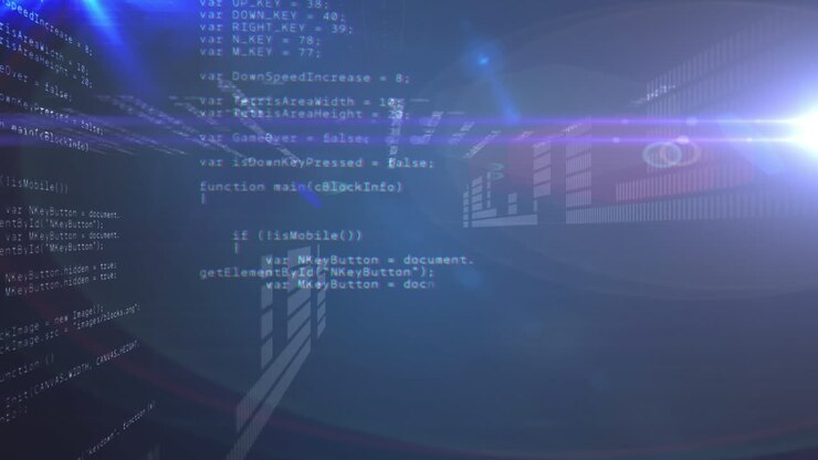 Animation of data processing over light trails on black background