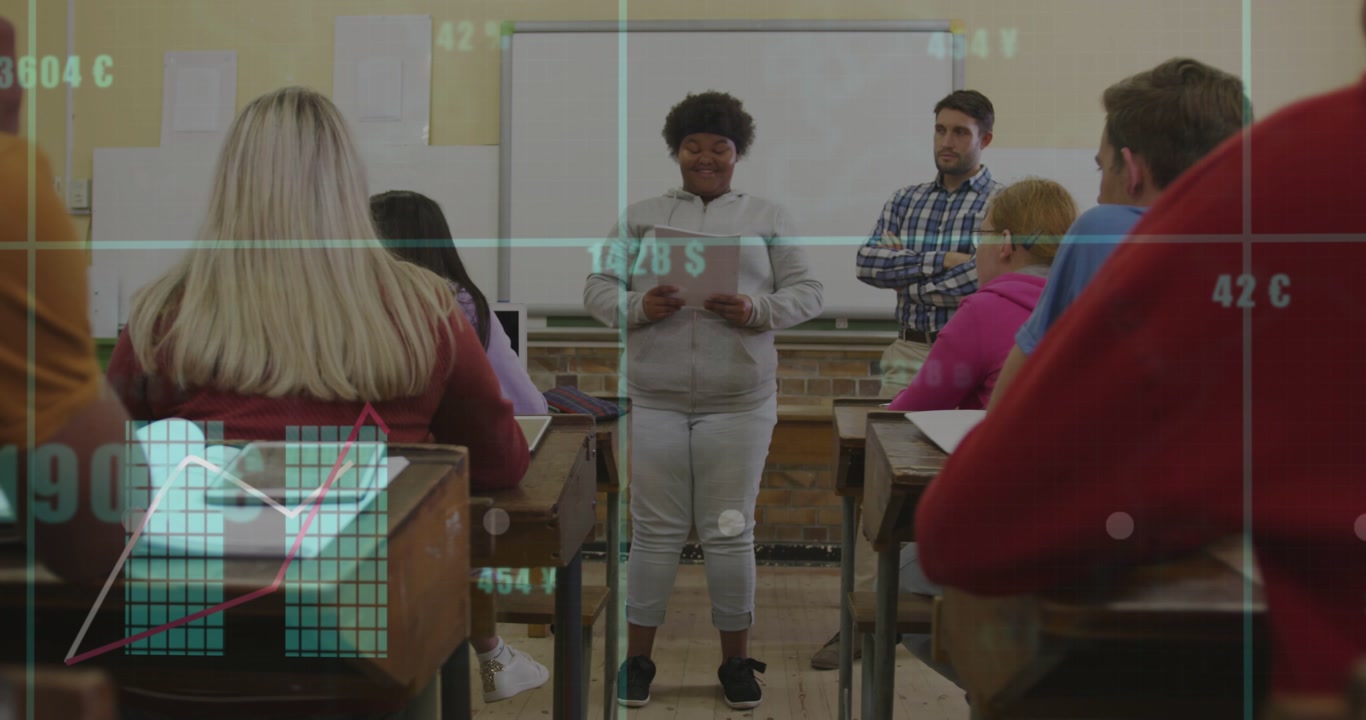 Vertical video: Walking teen presenting and reading paper at board, teacher watching, teal overlays