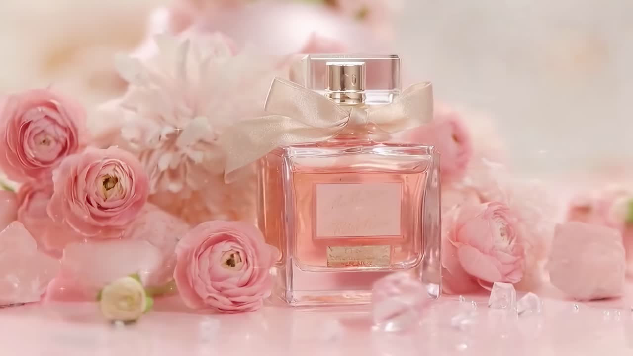 Video elegante che mostra una bottiglia di profumo tra fiori rosa, ripreso da un angolo basso