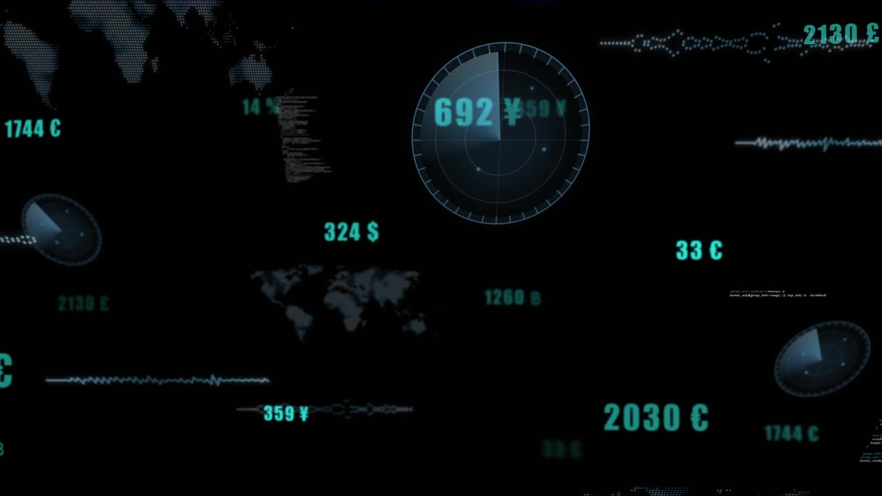 Apertura iniziale, cerchi HUD radar che girano, valori monetari color verde acqua che pulsano, evocando un titolo da thriller di spionaggio