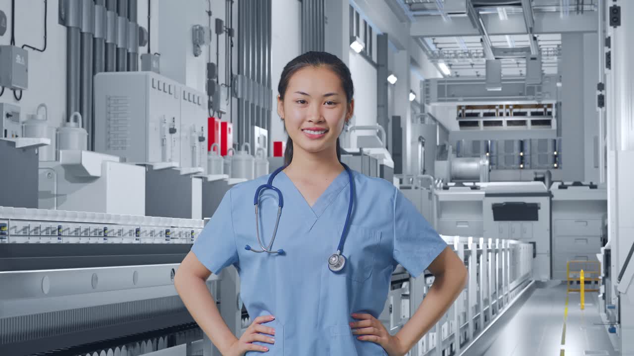 Dokter Wanita Asia Meletakkan Tangan di Pinggulnya Dan Tersenyum di Pabrik Medis