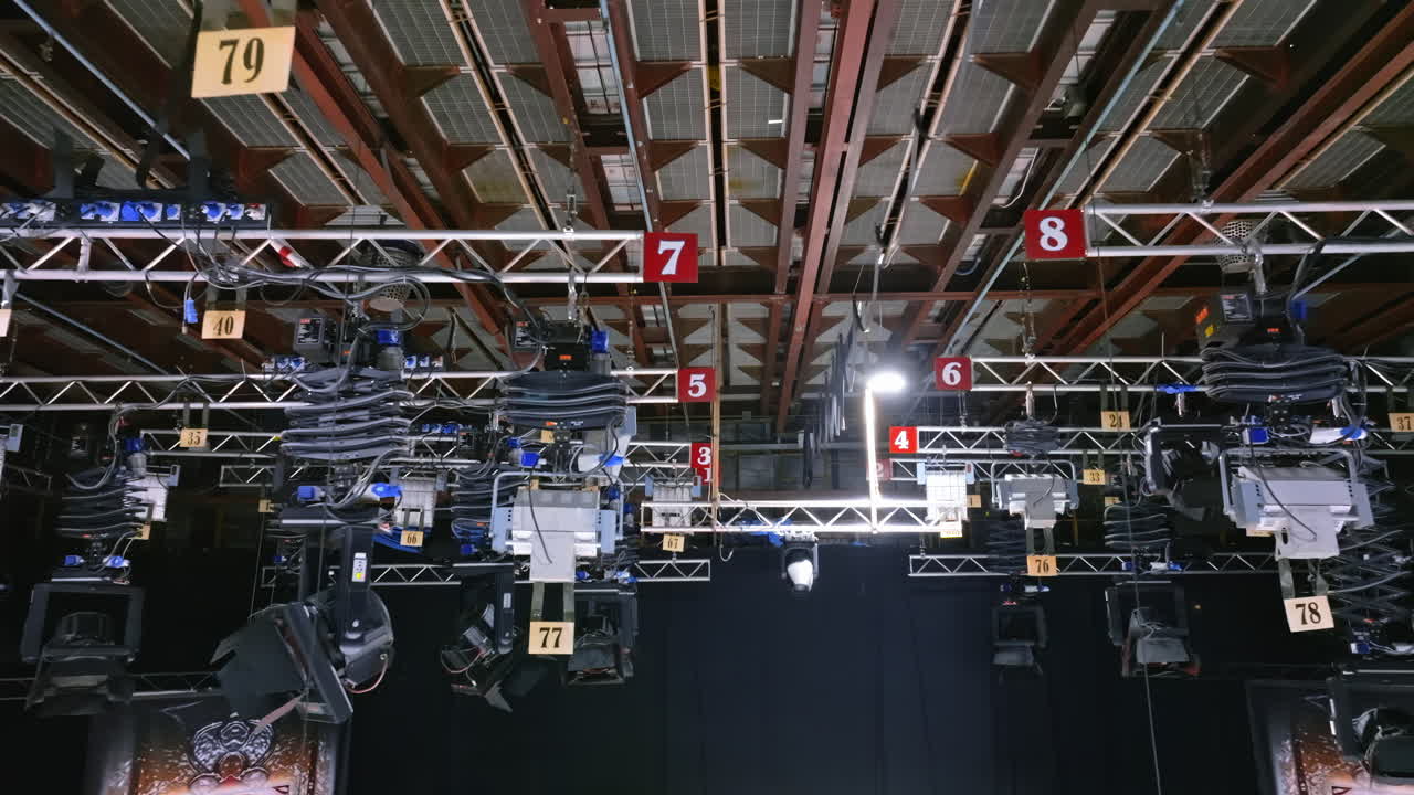 Studio lights equipment on the ceiling of a TV set