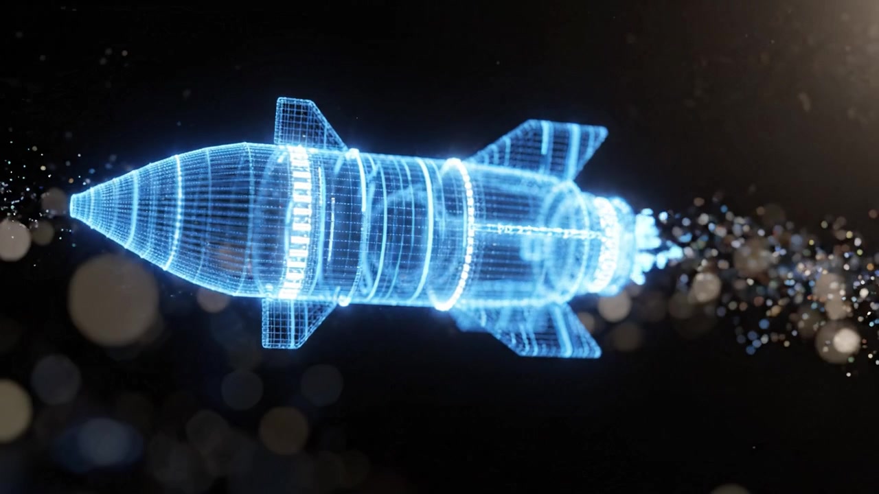 Futuristic Holographic Rocket Animation Displaying Thrusters and Propulsion in a Stunning Visual Realization of Advanced Space Technology