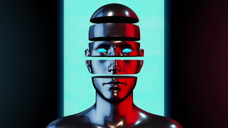 creative retro futuristic motion art. abstract chrome metal human body with hologram shape on black background. modern bright fashion 3d animation. technological digital vivid concept man or woman.