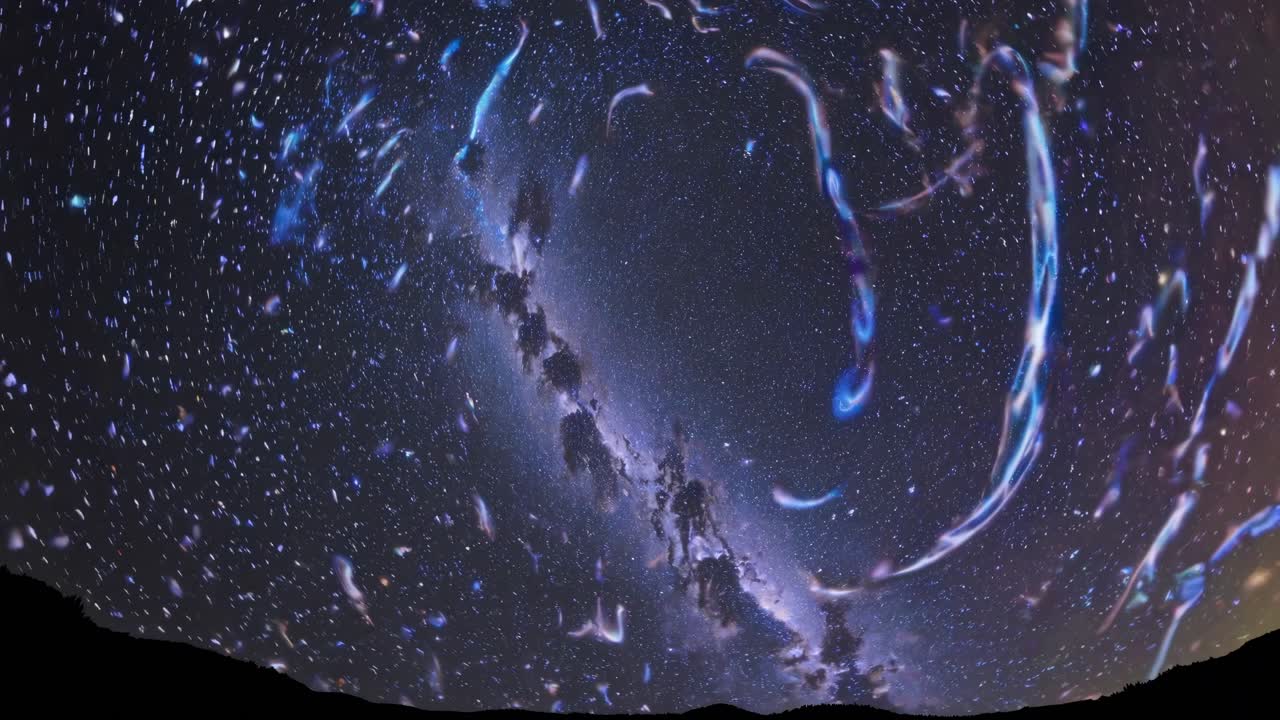 A mesmerizing fisheye video captures swirling stars and cosmic patterns in a night sky