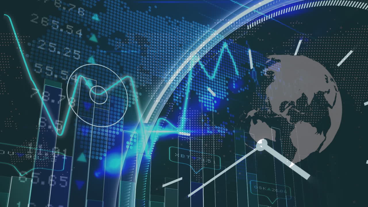 animación de reloj en movimiento y globo sobre procesamiento de datos en fondo negro