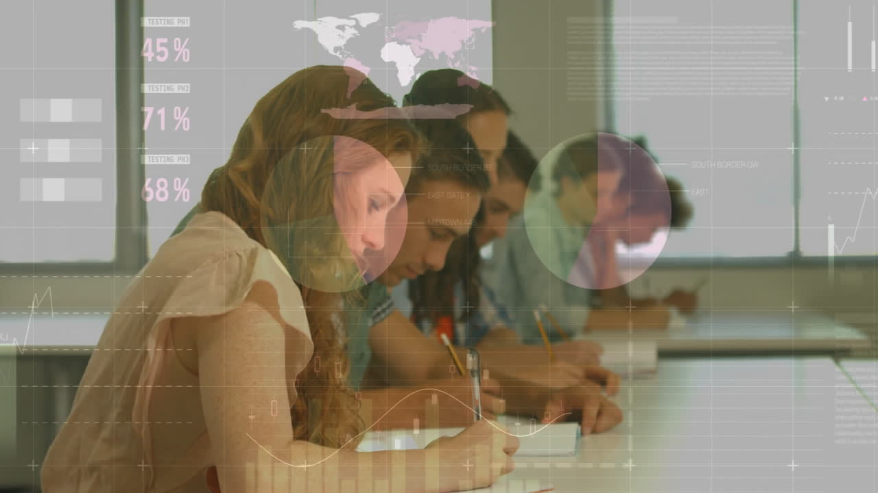 animación del procesamiento de datos financieros en diversos estudiantes masculinos y femeninos