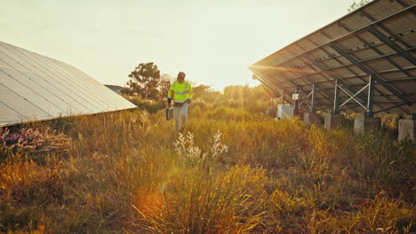 técnico en la granja de paneles solares para la inspección