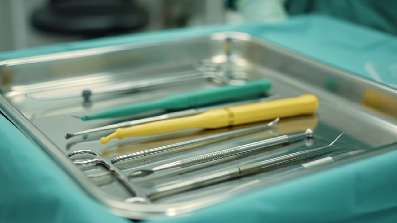 A Close-Up View of Surgical Instruments Arranged Neatly on a Sterile Tray Surrounded by Green Fabric in an Operating Room Setting
