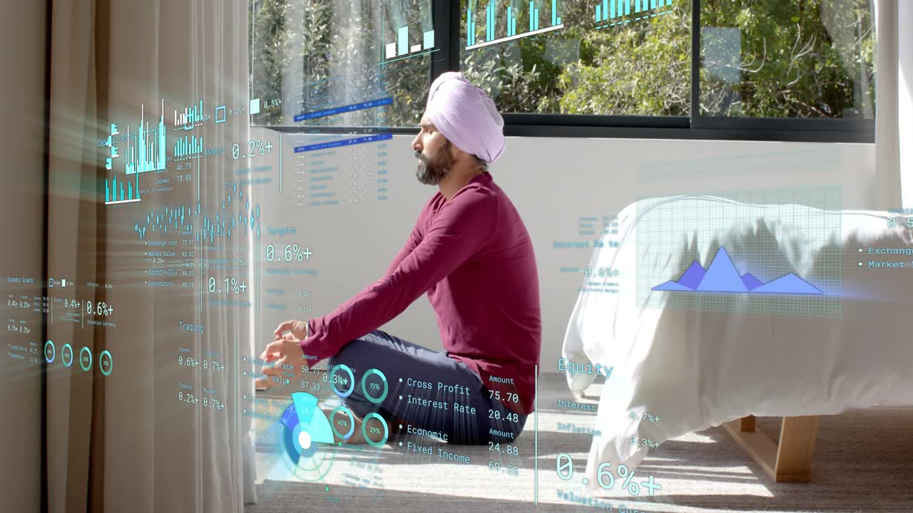 Mid adult man breathing, sitting up on rug near window while viewing floating finance charts