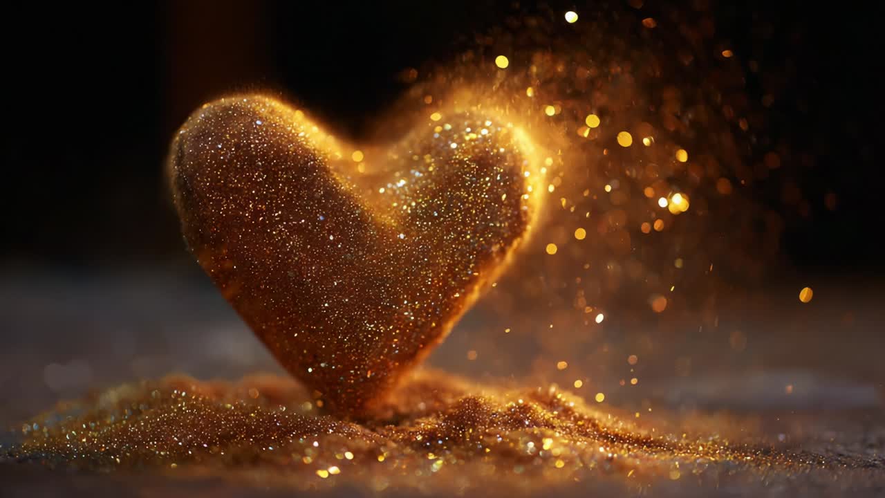 A Captivating Heart Shaped Form Created from Shimmering Gold Dust Sparkling Under Light, Illuminating the Surrounding Space with Warm Glow, Evoking Emotions of Love and Joy in a Dreamy Atmosphere