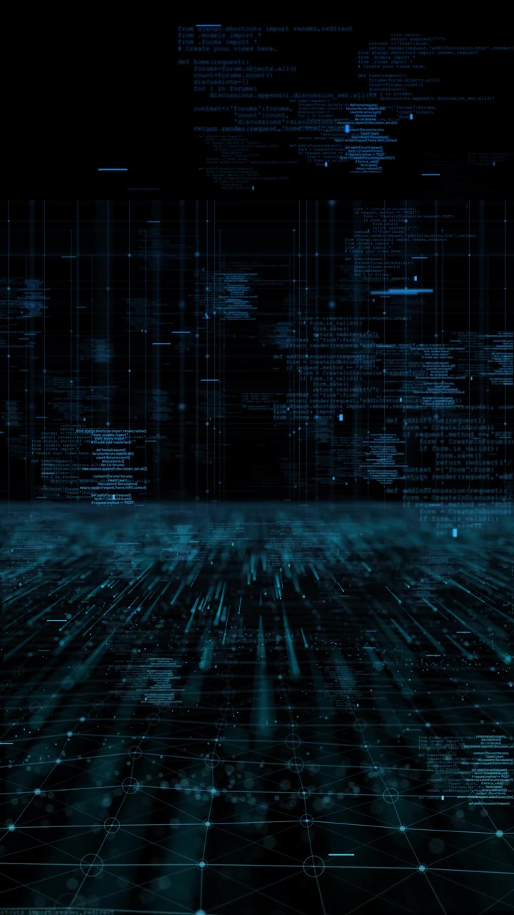 Cyber code grid floor background floating programming blocks glowing network lines digital software