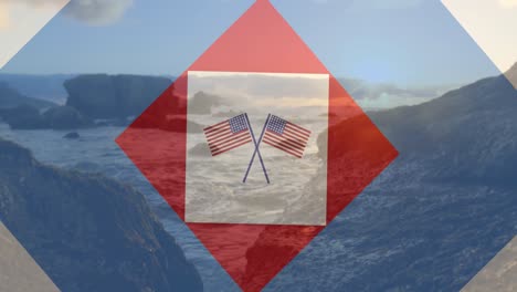 Animation-of-red,-white-and-blue-squares-and-crossed-american-flags-over-rocks-and-ocean-at-sundown