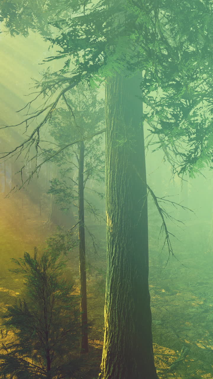 높은 나무 들 이 있는 안개 숲