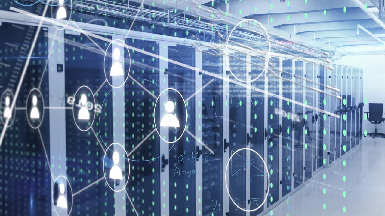 Animation of media icons and data processing over server room