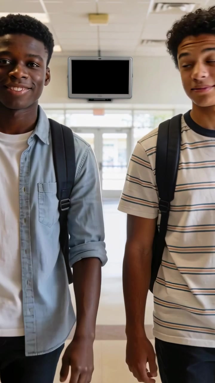 Vertical video: Walking two teens from far end toward camera at school to class, carrying backpacks