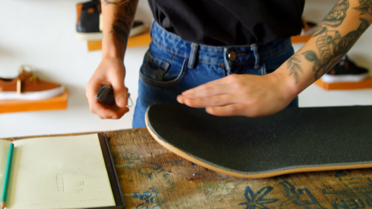 Widok z przodu młodej kobiety nakładającej grip tape na deskorolkę w warsztacie 4k