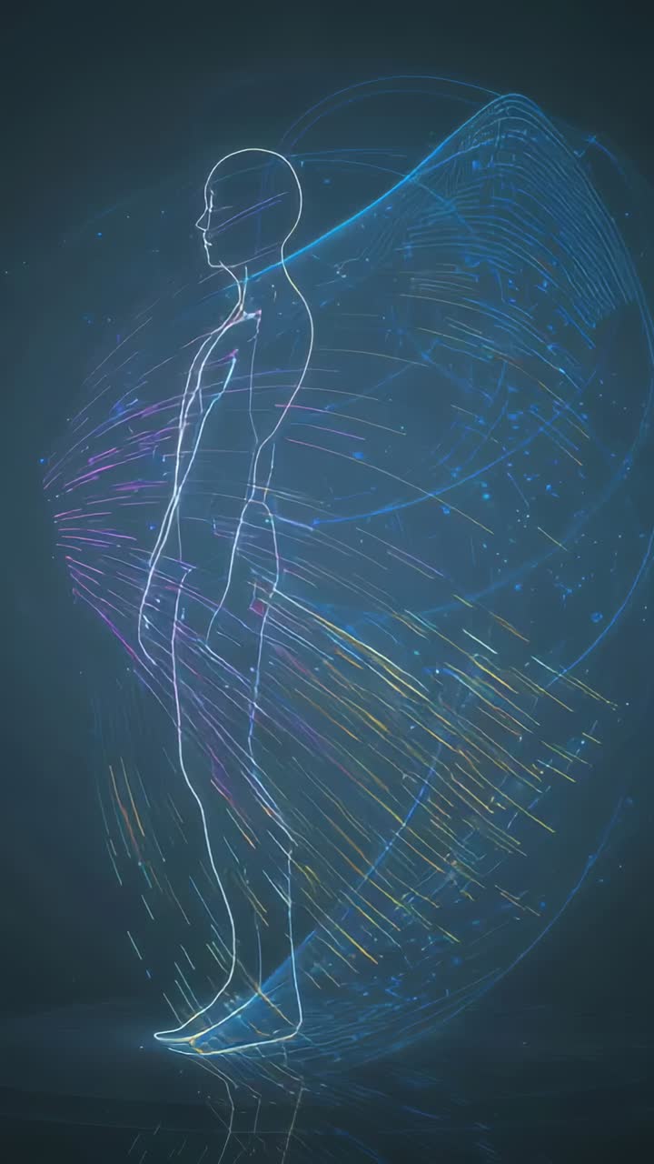 Vertical video: Forming glowing human outline on shiny floor, particles shaping ribbed energy shell