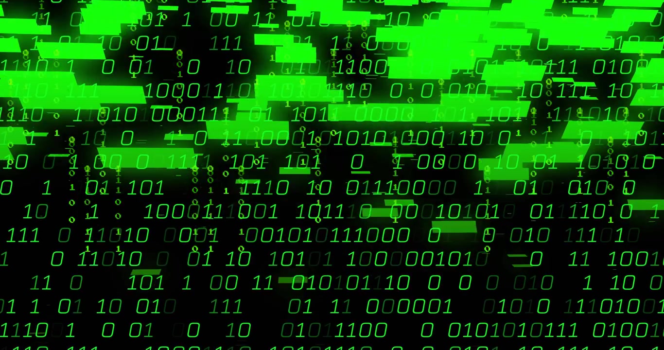 Inputpuls starter grønne binære strømme, der falder, og neonbjælker smelter sammen og viser stigende datatæthed