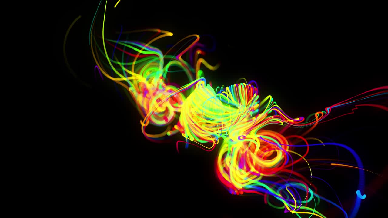 el flujo de fondo abstracto de las líneas de brillo. las partículas de luces en funcionamiento se forman en el espacio 3d brillando hermosas líneas curvas como una bola de cables quemándose con luz de neón. hermoso fondo creativo en bucle en 4k.